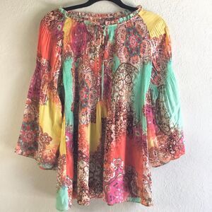 Stretchy bell sleeve psychedelic color Mandela shirt with tassels hippie boho